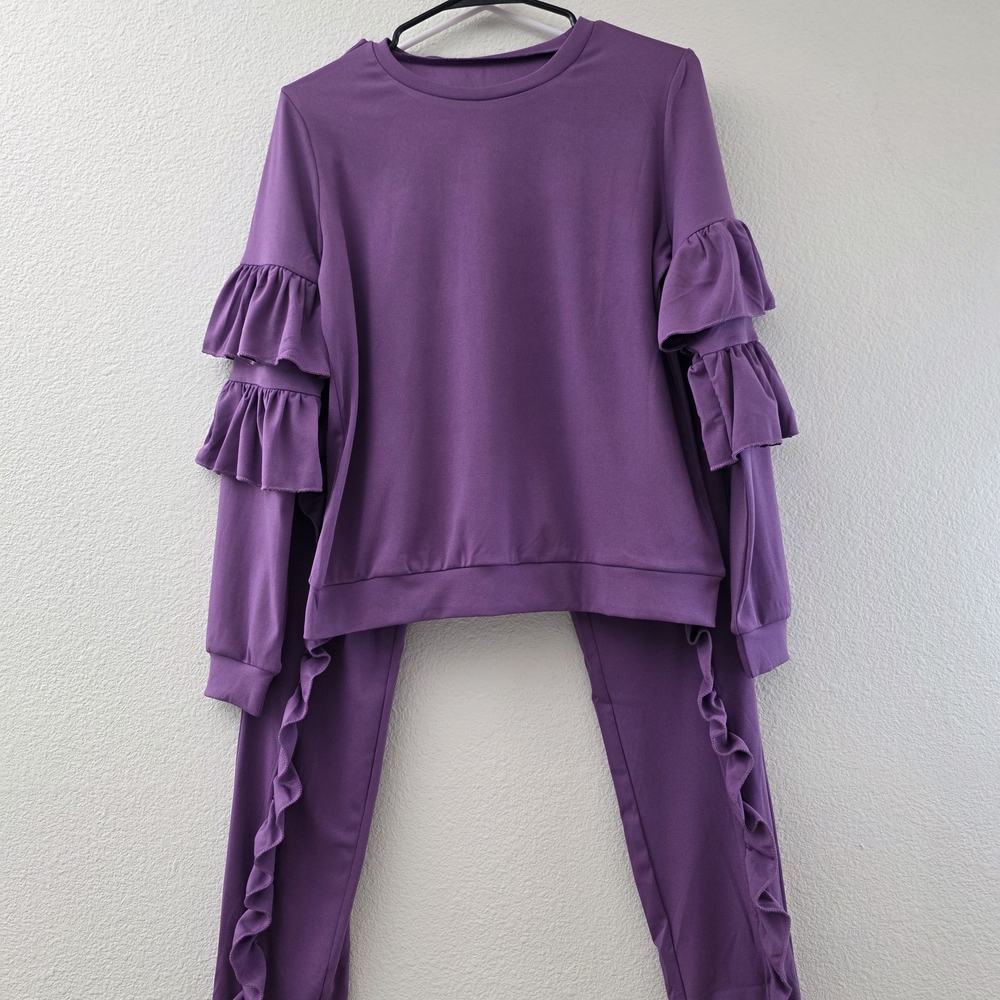 Elegant Purple Ruffle Sleeve Set with Pants